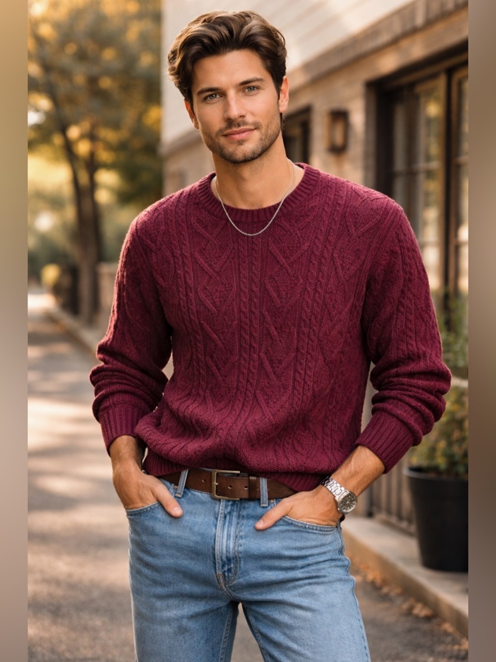 Vintage Checkpoint Cable Knit Sweater Mens Large Burgundy Maroon 100% Cotton 80s